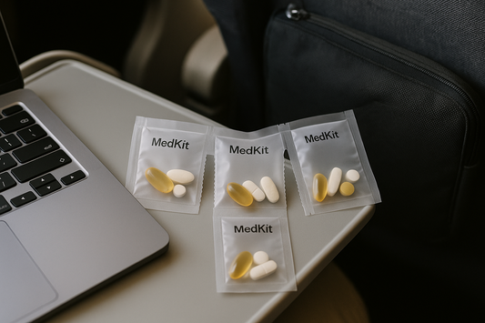 MedKit supplement pouches with visible pills in natural travel setting